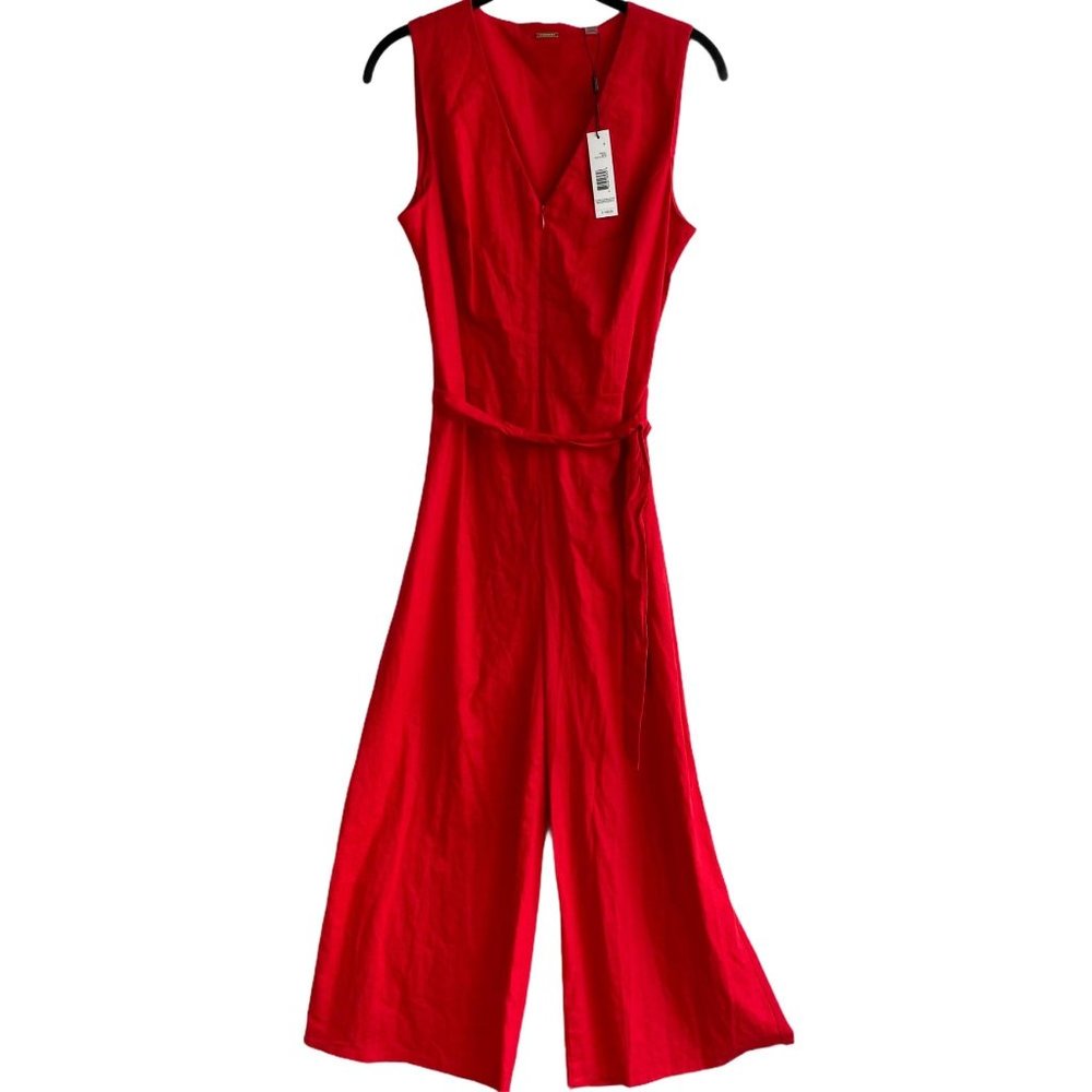 T Tahari Jumpsuit Sleeveless Linen Wide Leg Red 6